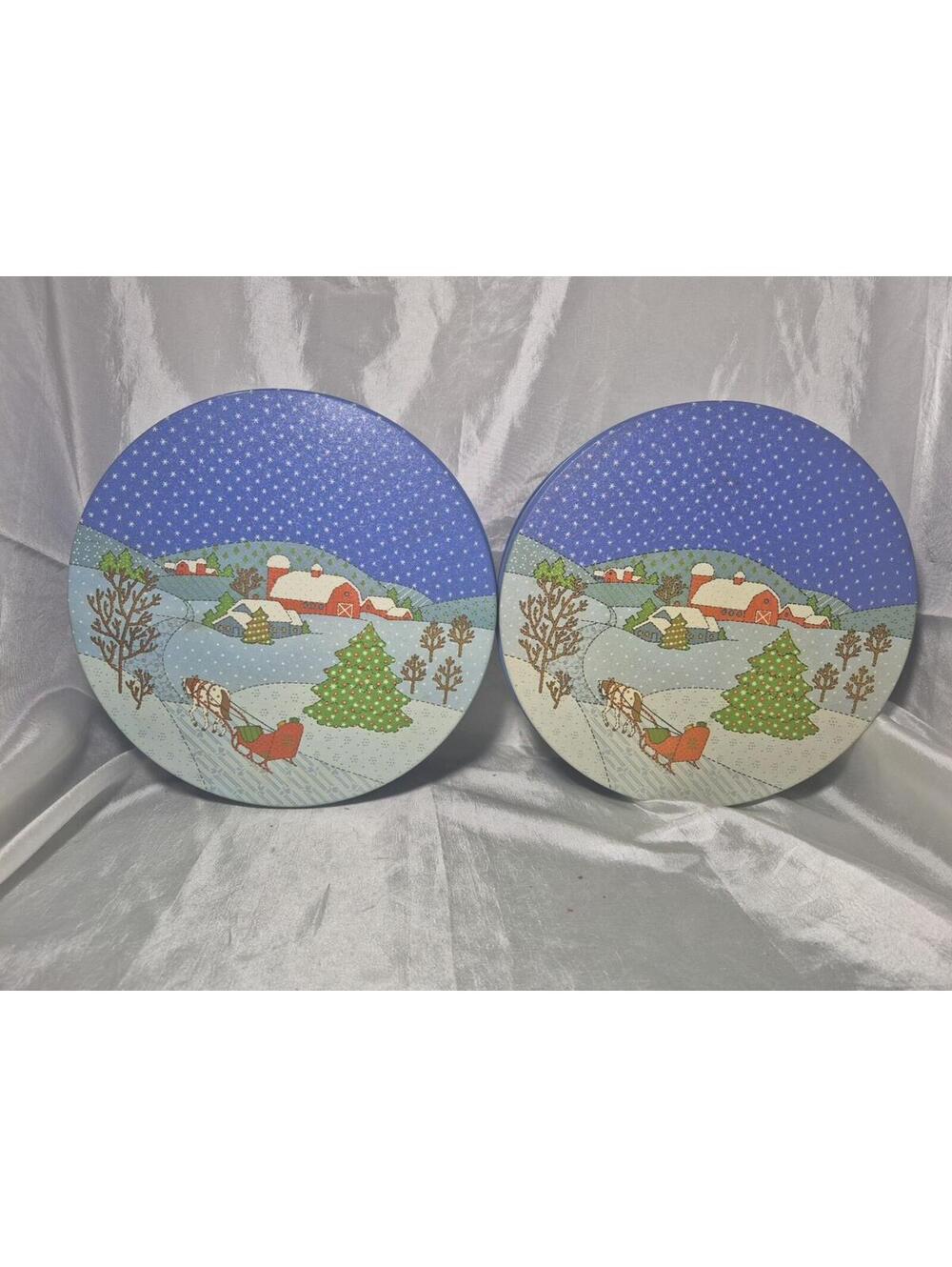 VTG  Potpourri Press Christmas Tin Set Of 2 Country Christmas Scene 9.75"